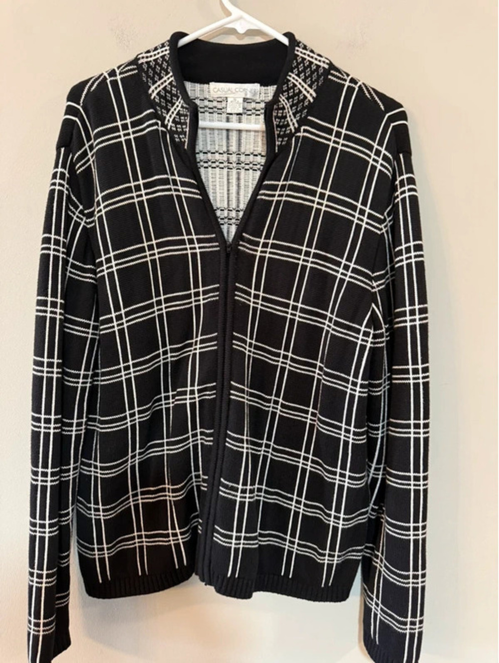 Casual Corner Women’s XL Black White Plaid Full-Zip Cotton Sweater Jacket
